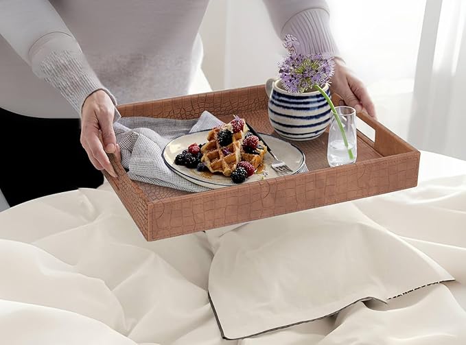 HofferRuffer Rectangle Serving Tray with Hole Handles for Coffee Table, Breakfast, Tea, Food, Butler - Countertop, Kitchen, Vanity Serve Tray, 16.2 x 12.2 x 2 inches, Faux Leather (Antique Brown)