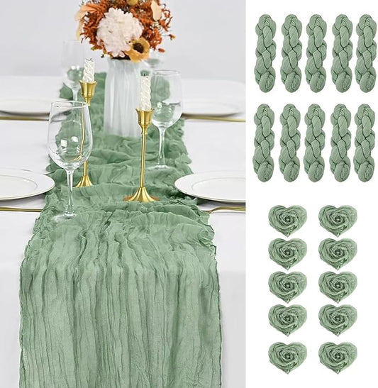 10PCS Sage Green Cheesecloth Table Runner 10ft Boho Gauze Fabric Cheese Cloth Table Runner Comes with 10 Cloth Napkins Runner for Romantic Wedding Birthday Shower Party Table Decoration