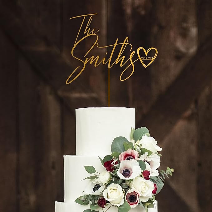 Noni Luxury Personalized Wedding Cake Topper with date and heart, Custom Couples Script Cake Topper for Weddings, Rustic Cake Topper, Mr and Mrs Cake Toppers for Wedding, Custom Cake topper