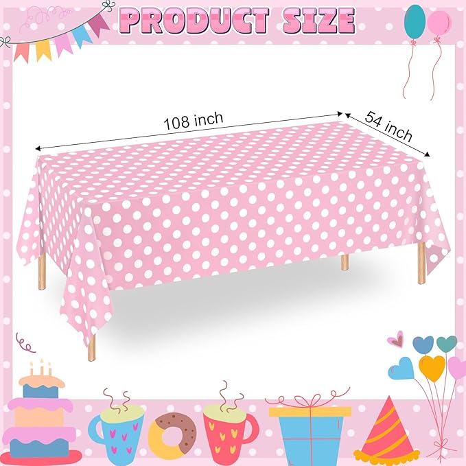 WNINK 4 Pack Light Pink and White Polka Dot Tablecloths, Pink Disposable Plastic Table Cover for Birthday, Wedding, Bachelor, Pink Girl Party, and Picnic Camping Parties 54" x 108"