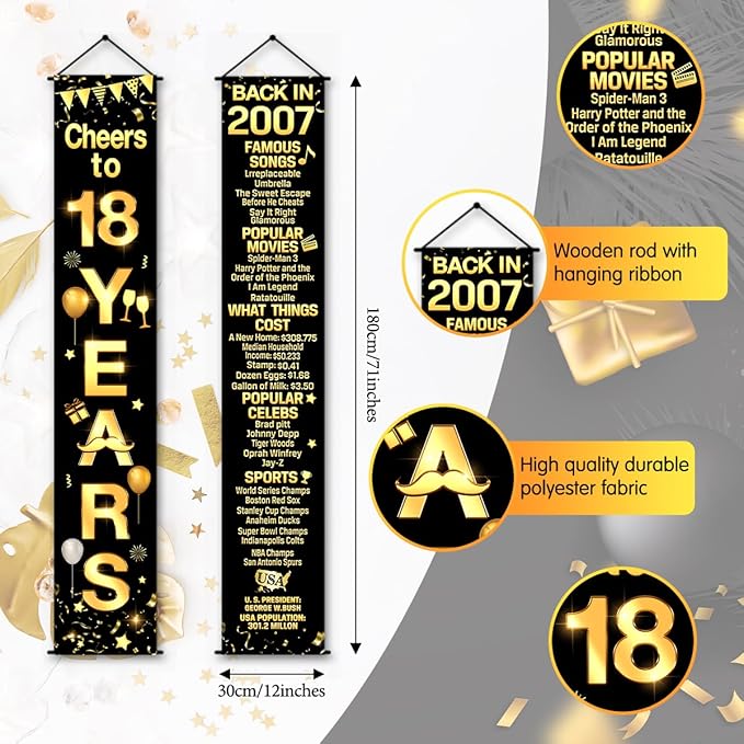 18th Birthday Party Anniversary Decorations Cheers to 18 Years Banner Party Decorations Welcome Porch Sign for Years Birthday Supplies (18th-2007)