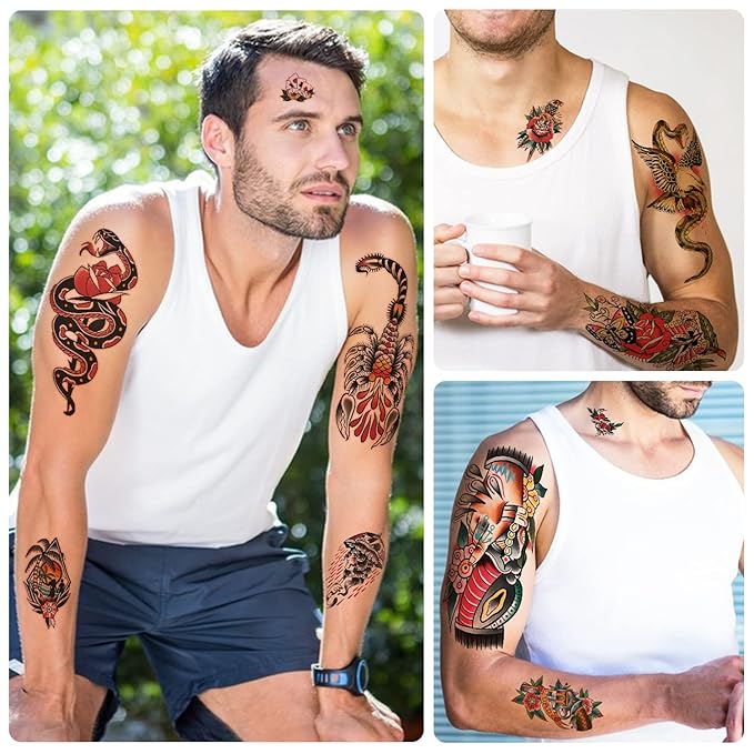 77 sheets Classic Temporary Tattoos Adult, Old School Tattoos Stickers, Sailor Jerry Style Fake Tattoo, American Traditional Flower Rose Arm Temporary Tattoos for Women Men Kids