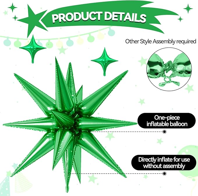 18 Pcs Green Star Balloons, Green Balloon with 6 Pcs 22-Inch Explosion Star Balloons 12Pcs 10-Inch Four Pointed Stars Foil Balloon for Jungle Safari Theme Football Birthday Party Decorations
