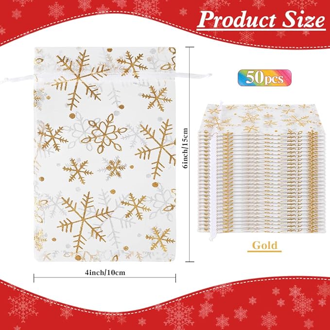 Christmas Organza Gift Bags 4x6 Gold Snowflake Mesh Bag Drawstring 50 Pcs White Mesh Gift Bags Drawstring Xmas Favor Bags Jewelry Pouches Bulk Gift Pouch for Birthday Wedding Christmas Party Supplies