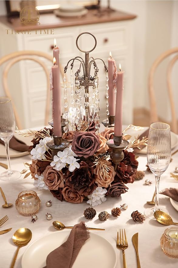 TINGE TIME Artificial Flowers Combo Set, Gradient Color Flower Leaf with Stems for DIY Wedding Bouquets Centerpieces Baby Shower Party Home Decorations (Mocha Brown)