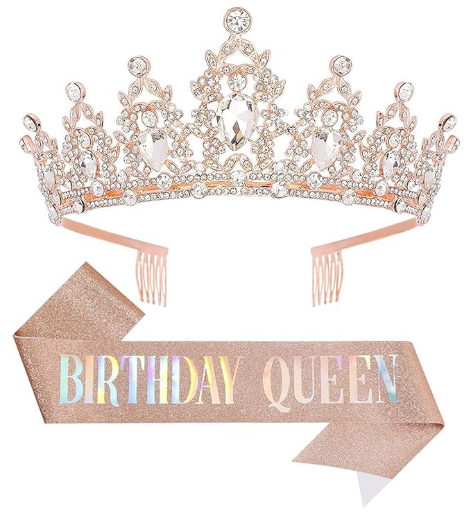 Birthday Tiara Crown with Sash for Women, Headband Hair Accessories for Wedding Party Costume Rose