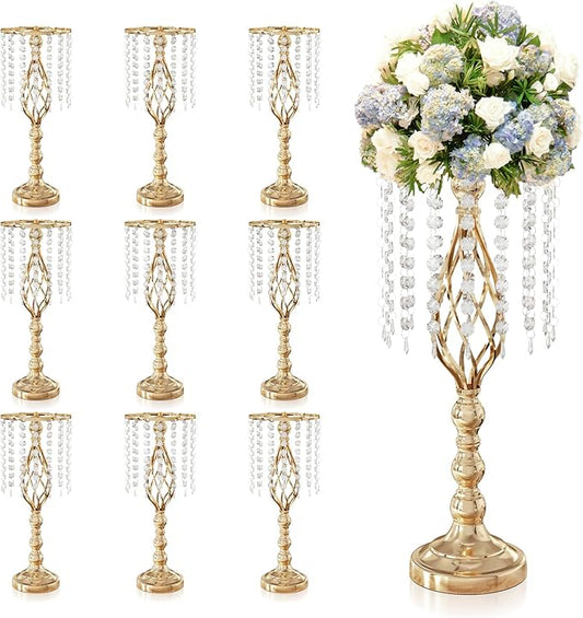 10Pcs 21.5 Inch Gold Wedding Centerpieces Vase Tall Crystal Flowers Stand for Table Elegant Metal Flower Arrangement Vases for Reception Road Lead Birthday Party Anniversary Home Decorations