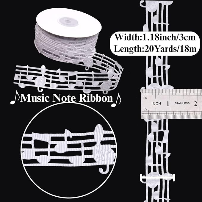 White Music Note Ribbon Grosgrain Ribbon Notation Craft Music Accessories Trim for Homecoming Mum Supplies Christmas (20 Yards/Roll)