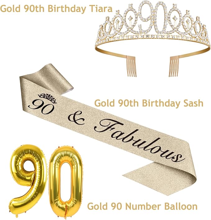 90th Birthday Decorations for Women Gold with 90th Birthday Sash and Tiara, Cake Topper and Candles, Number Balloons, 90 Year Old Gifts for Women