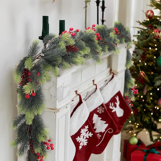 RECUTMS Christmas Garland with Red Berries Decorative Pine Cones and Artificial Holly Berries Artificial Garland for Indoor and Outdoor Greenery Wreath for Holiday Home Table Decor(Light Green)