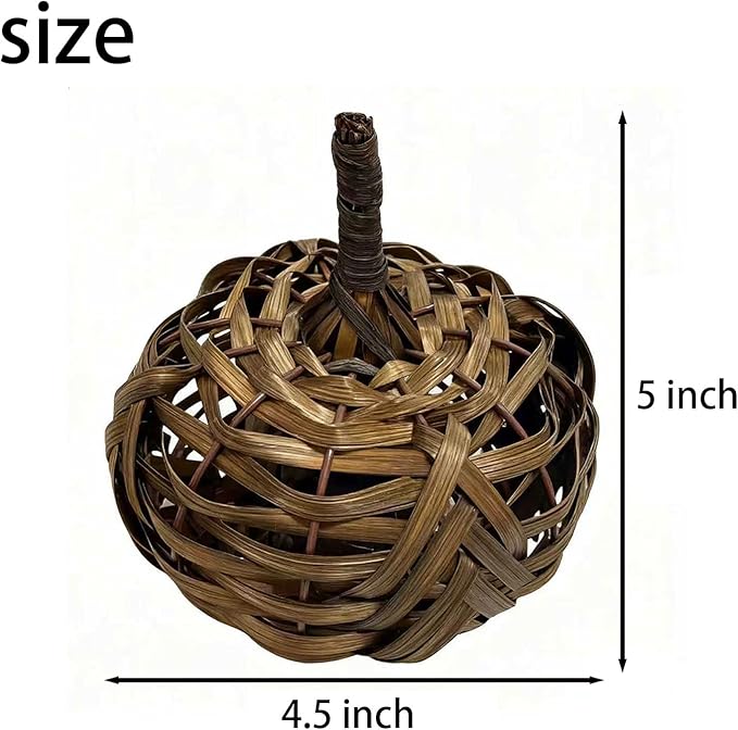 2Pcs 5 inch Bamboo Woven Artificial Pumpkin Decorations, Antique Bronze Handcrafted Woven Fake Pumpkins, Rustic Handmade Bamboo Weaving Crafts, Realistic Table Centerpiece Decorations For Indoor Decor