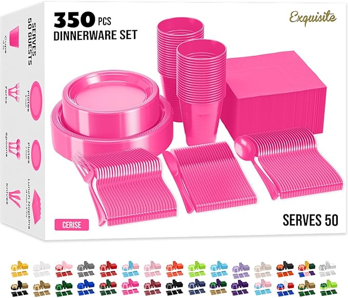 Party Solids 350 Pieces Cerise Plastic Plates For Party, Cerise Disposable Plates Set, 50 Of Each 9" Dinner Plate Set, 7" Dessert Plate, Cups, Napkins & Cutlery Plastic Dinnerware