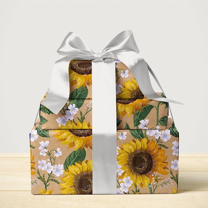 WRAPAHOLIC Kraft Floral Wrapping Paper Roll - Mini Roll - 17 Inch x 9.8 Feet - Sunflower Wrapping Paper, Perfect for Wedding, Birthday, Bridal Shower, Tea Party