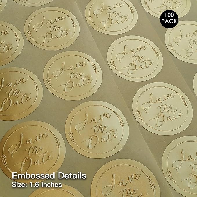 100 x Save The Date Stickers – Embossed Gold Foil Labels – Elegant Envelope Seals for Wedding Invitations & Party Favors – Metallic Foil Tags, 1.6 Inch