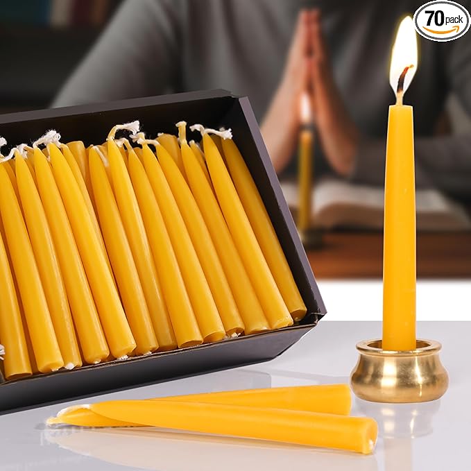 70Pcs Beeswax Candles 30 Minute Meditation Candles, Mini Taper Candles with Brass Candle Holders, Prayer Candle Gift for Yoga Relaxation