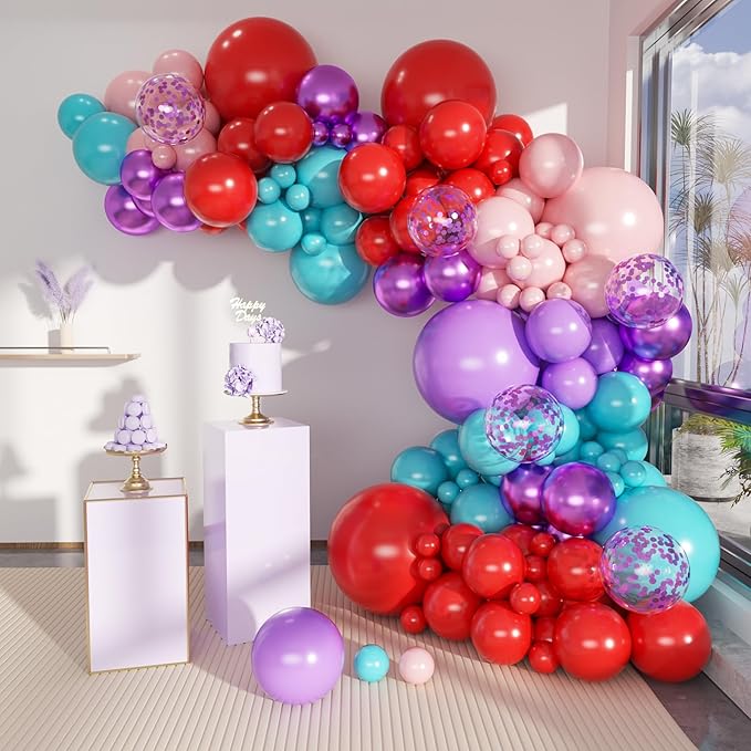 Red Purple Teal Balloon Garland kit, 156 Pcs Metallic Purple Pastel Pink and Confetti Purple Balloons Arch for Teenage Girl Birthday Gymnastics Music Fans Theme Party Decoration