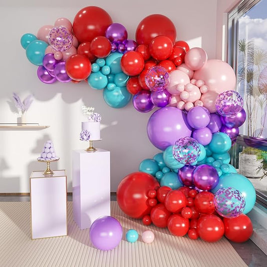 Red Purple Teal Balloon Garland kit, 156 Pcs Metallic Purple Pastel Pink and Confetti Purple Balloons Arch for Teenage Girl Birthday Gymnastics Music Fans Theme Party Decoration