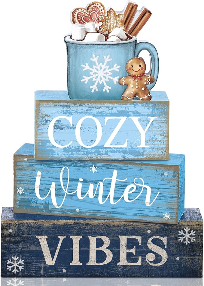 4 Pcs Christmas Table Decoration Wooden Hot Cocoa Decor Winter Tiered Tray Decor Christmas Centerpiece Rustic Decorative Hot Cocoa Block Sign Farmhouse Winter Decoration for Home Kitchen