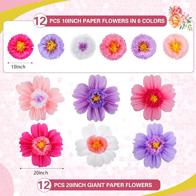 Crowye 24 Pcs Large Colorful Tissue Paper Flowers Decorations 20" Giant Fiesta Crepe Paper Flowers for Wall Decor Backdrop Mexican Wedding Birthday Baby Shower Carnival Party Craft (Bright Color)