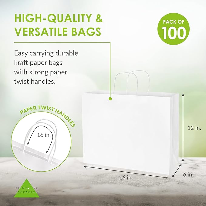 Prime Line Packaging White Gift Bags, Paper Shopping Bags with Handles for Small Business, Boutique, Merchandise, Retail, Party Favors, Bulk, 16x6x12, 100 Pack