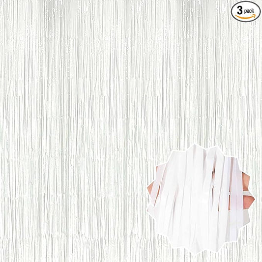 3 Pack Macaron White Foil Fringe Curtains Backdrop, 3.28 x 8.2 Ft Metallic Streamers Tinsel Curtains Background for Photo Booth, Birthday, Halloween, Christmas, New Year Party Decorations