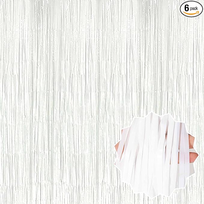 6 Pack Macaron White Foil Fringe Curtains Backdrop, 3.28 x 9.8 Ft Metallic Streamers Tinsel Curtains Background for Photo Booth, Birthday, Halloween, Christmas, New Year Party Decorations