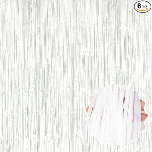 6 Pack Macaron White Foil Fringe Curtains Backdrop, 3.28 x 8.2 Ft Metallic Streamers Tinsel Curtains Background for Photo Booth, Birthday, Christmas, Halloween, New Year Party Decorations