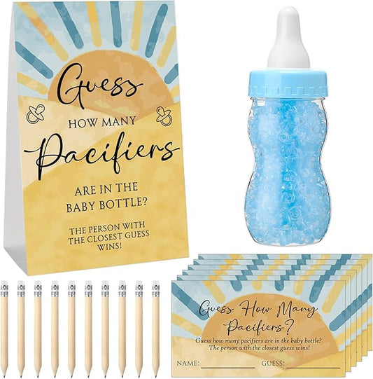 Roowest 512 Pcs Baby Shower Games Guess How Many Pacifiers Sign 100 Small Guessing Games 10 HB Pencils 750ml Milk Bottle 400 Acrylic Pacifiers Decoration for Guest Gender Reveal(Blue,The Son)