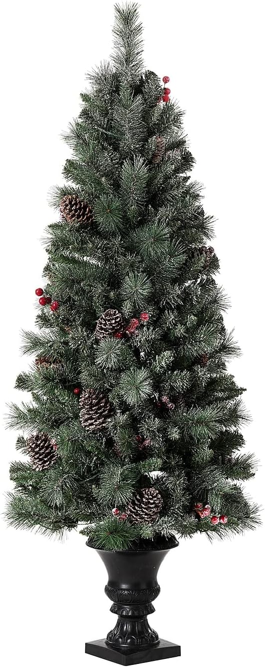 Glitzhome 5ft Pre-Lit Flocked Christmas Tree with Red Berries and Pine Cones, 130 Warm White Lights, 372 PVC & Pine Needle Mixed Tips, Potted Christmas Tree for Porch Home Holiday Decor