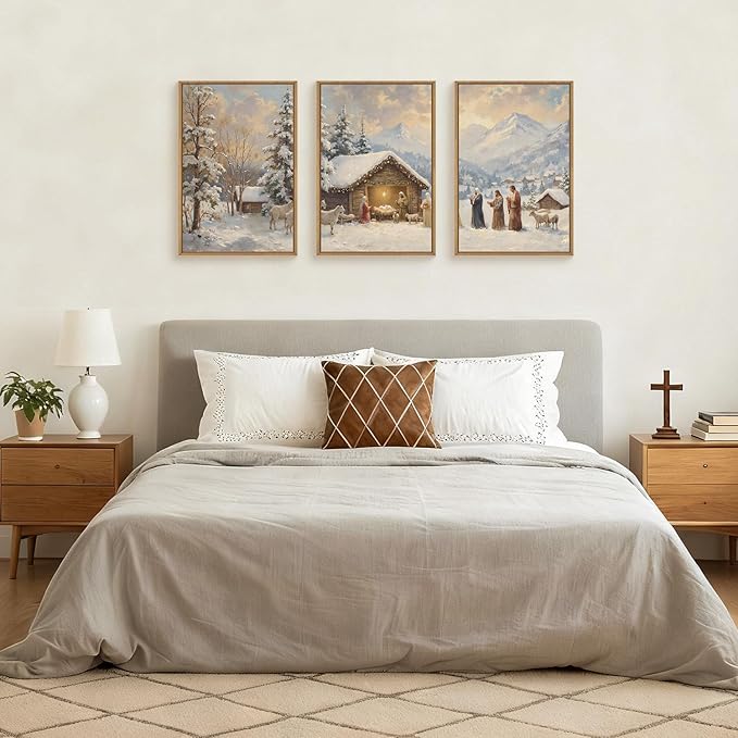 HOURIA Christian Christmas Nativity Framed Canvas Wall Art Set,Religious Mary Joseph & Jesus Christ Biblical Decor,Holy Family Star of Bethlehem Winter Artwork for Living Room,Church,Holiday-24"x36"x3
