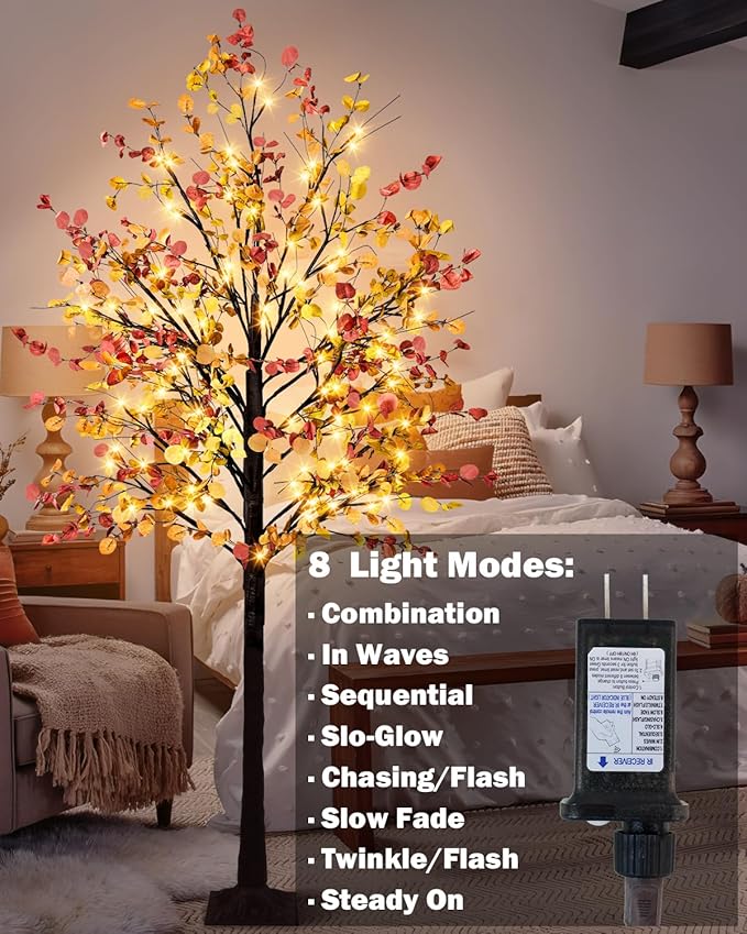 Lighted Fall Eucalyptus Tree, 7FT Faux Fall Tree with 128 Led Lights Artificial Autumn Light Up Eucalyptus Tree for Indoor Outdoor Harvest Fall Thanksgiving Decor