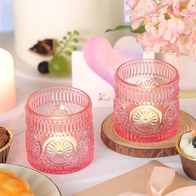 6Pcs Large Votive Candle Holders Pink Glass Tealight Candle Holders for Wedding, Table Centerpiece, Party, Birthday, Home Decor