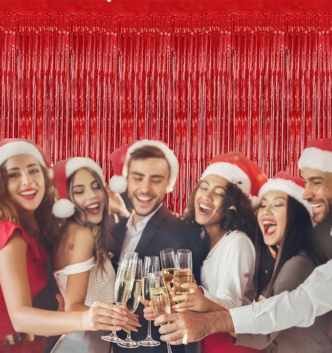 Red Foil Fringe Curtains Metallic Tinsel Shimmer Curtain Party Backdrop Decorations,Pack of 4