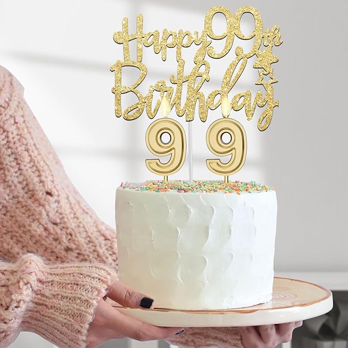 99th Birthday Decorations for Women Gold with 99th Birthday Sash and Tiara, Cake Topper and Candles, Number Balloons, 99 Year Old Gifts for Women