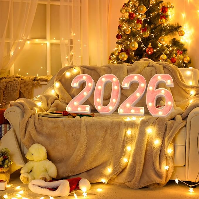 Marquee Numbers 2026 Light up Numbers Battery Powered LED Light for 2026 New Years Decorations Pink Glitter Plastic Number Docor for New Years Eve Graduation Christmas Birthday Party Supplies