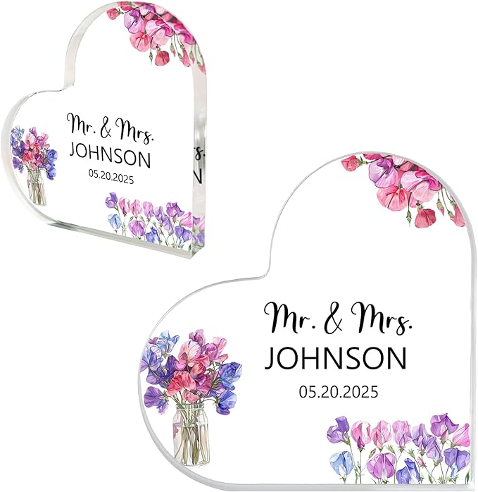 Custom Wedding Heart Acrylic Plaque,Mr & Mrs Cake Topper,Personalized Wedding Keepsake/Gift/Sign (Style 12)
