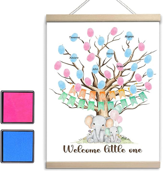 QZCYU Gender Reveal Gifts Idea Party Fingerprint Decorations - Elephant Theme Canvas Decor - Woodland Baby Shower Guest Book (12x15in)