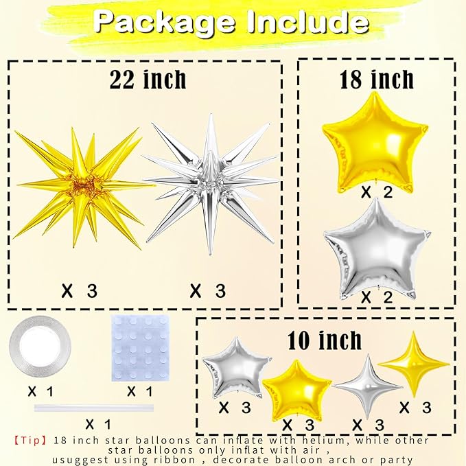 22 Pcs Star Balloons,22/18/10 Inch Star Foil Mylar Balloon,Spike Balloon and Four Pointed Balloons for Party Supplies Christmas Birthday Wedding Photo Booth (Gold Silver)
