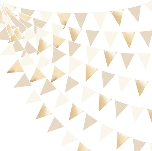32Ft Champagne Gold Party Decorations Metallic Champagne Gold Beige Fabrci Pennant Banner Triangle Flag Garland Streamers for Birthday Anniversary Wedding Baby Bridal Shower Martini Party Supplies