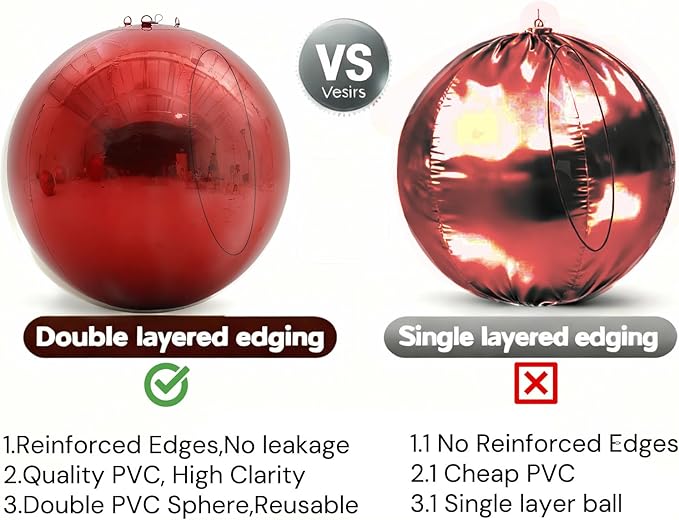 6PCS Red Inflatable Mirror Ball,Big Shiny Balls Inflatable,Reusable PVC Mirror Balls,Large Hanging Balloon Disco Ball with Air Pump for Wedding Event Birthday Party Decor
