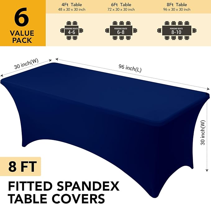 6-Pack Premium Navy Blue Spandex Tablecloths for 8ft Rectangle Tables, Stain & Wrinkle-Resistant, Washable Stretch Polyester Fitted Table Cover for Weddings, Banquets, Trade Shows Events