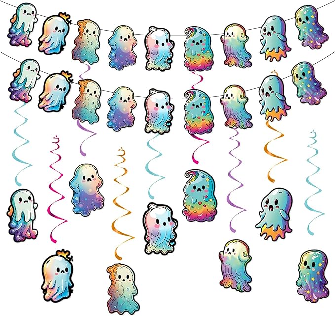 Cute Ghost Halloween Party Decorations Streamers - 18Pcs Hanging Swirl Ceiling Garland,Birthday Happy Boo Day Classroom Outdoor Indoor Decor Banner Supplies Burgleda