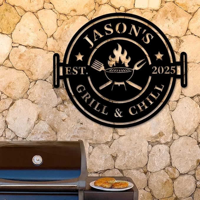 Custom Grill and Chill Metal Sign, Personalized BBQ Barbecue Plaque with Fire Pit and Utensils Design, Outdoor Patio Yard Wall Art, Rustic Backyard Bar Decor, Birthday, Christmas, Holiday Gift