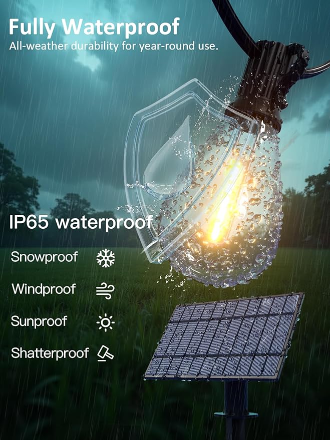 luckystyle 29FT Solar String Lights Outdoor Waterproof with 10+1 LED Bulbs Long Last for 20+Hrs, Commercial Grade Shatterproof USB Patio Solar Powered Lights for Camping，Backyard, Garden, Porch Decor