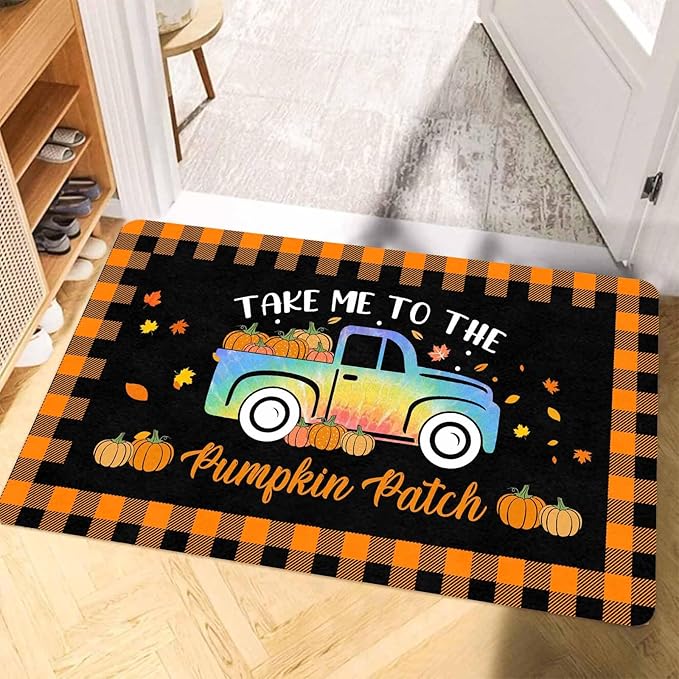 Fall Welcome Maple Leafs Decorative Door Mat, Autumn Thanksgiving Doormat for Indoor Outdoor Entrance Floor Mats,Fall Pumpkins Non Slip Harvest Vintage Decor Rubber Welcome Mats 16" x 24" Inch