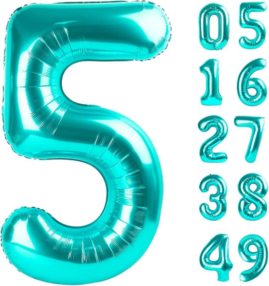 Teal Blue 40 Inch Large Number 5 Birthday Balloon, 2025 Five 5th 15 25 35 50 55 Birthday Celebration Decorations, Teal Blue Foil 5 Mylar Helium Balloons Girl Boy Anniversary Party Supplies