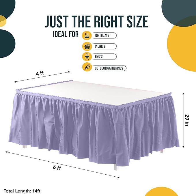 Exquisite Ruffle Table Skirt Lavender 6 Pack 14 Ft Long Table Skirts for Rectangle Tables 6ft Plus or Round Tables Skirts with Adhesive Strip for Gender Reveal Decor & Happy Birthday Parties