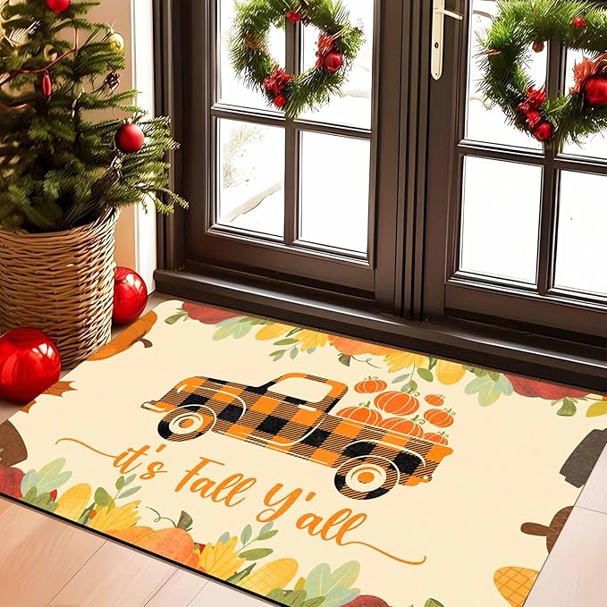 Fall Welcome Maple Leafs Decorative Door Mat, Autumn Thanksgiving Doormat for Indoor Outdoor Entrance Floor Mats,Fall Pumpkins Non Slip Harvest Vintage Decor Rubber Welcome Mats 30" x 18" Inch