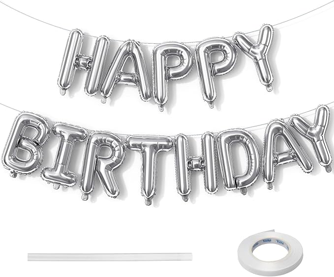 Silver Happy Birthday Banner - 16 Inch Mylar Foil Letters Balloons with Ribbon, Self Inflating Bunting Balloons Banner for Women Men Birthday Party Decorations