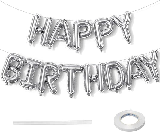 Silver Happy Birthday Banner - 16 Inch Mylar Foil Letters Balloons with Ribbon, Self Inflating Bunting Balloons Banner for Women Men Birthday Party Decorations